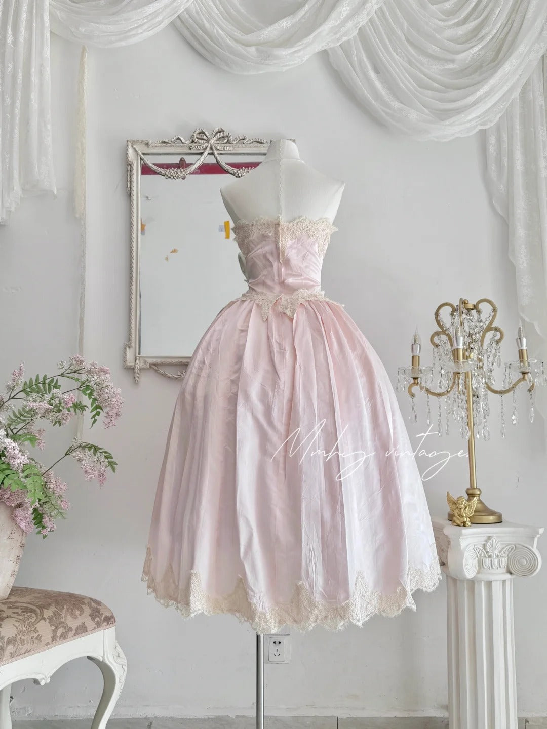 Pink princess exquisite little pearl embellished dress satin A-line floral lace long coming-of-age ceremony birthday sweet little princess prom dress evening dress coming-of-age ceremony birthday dress prom dress nv4084