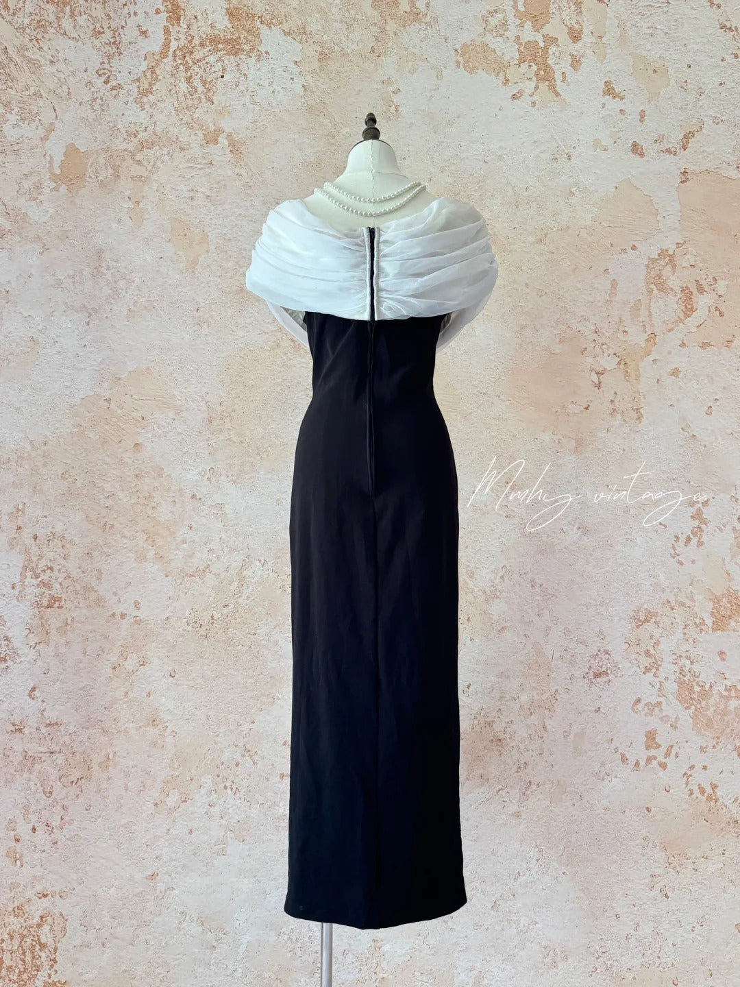 Black and white classic retro elegant Hepburn style with camellia on the waist long left lower skirt small slit slim fit satin tulle ball gown evening gown adult dress birthday gown ball gown nv4095