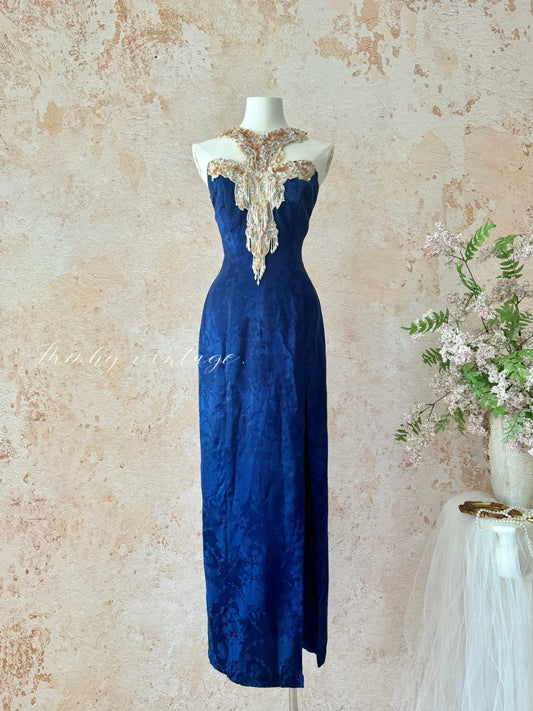 Blue Retro Elegant Halter Neck Exquisite Sequins Pearl Tassel Long Slim Sexy Prom Dress Evening Dress Adult Ceremony Dress Birthday Dress Prom Dress nv4098