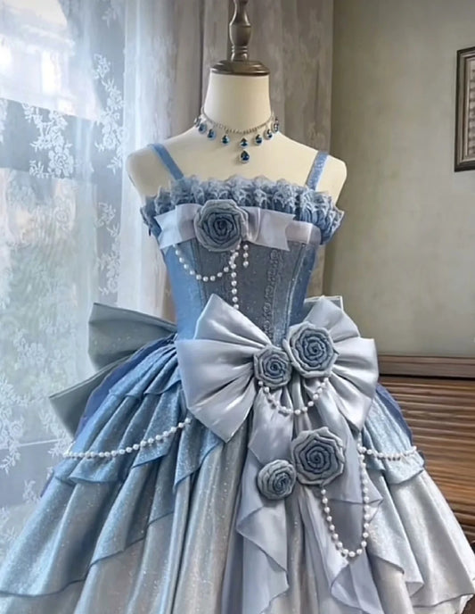 Blue Floral Long/Short Satin Floor Length Ball Gown Evening Gown Adult Dress nv4425