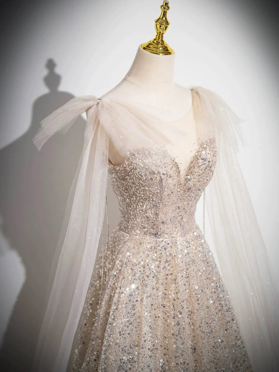 Champagne Tulle Sequins Long Prom Dress, Sparkling A-Line Evening Party Dress nv1415