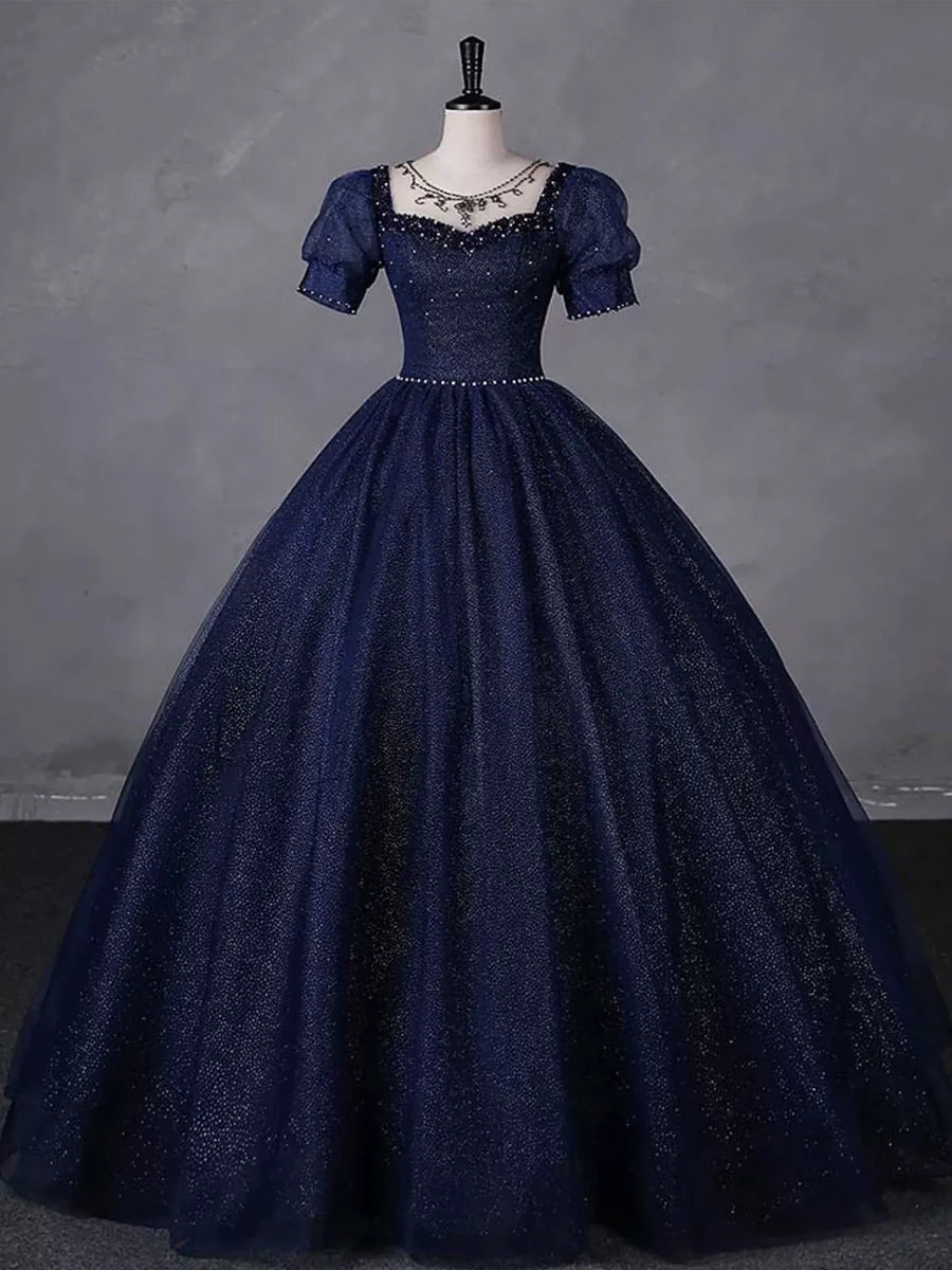 Navy Blue Tulle Beading Long Party Dress, Blue Scoop NecklineShort Sleeve Evening Dress nv1652