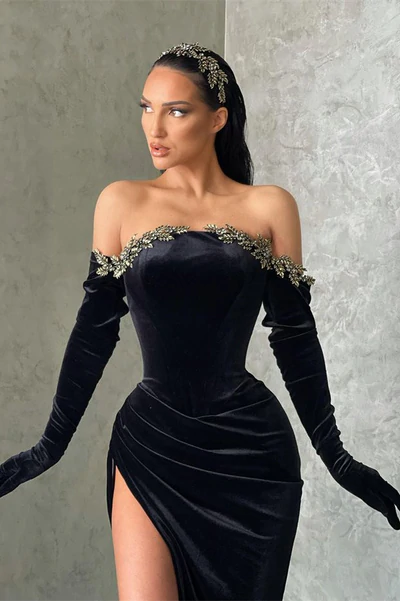 BLACK HIGH-SPLIT VELVET OFF-THE-SHOULDER MERMAID PROM DRESS nv41