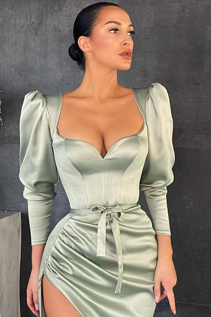 Robe de soirée sirène à manches longues et décolleté en cœur avec fente et couleur sauge poussiéreuse nv18