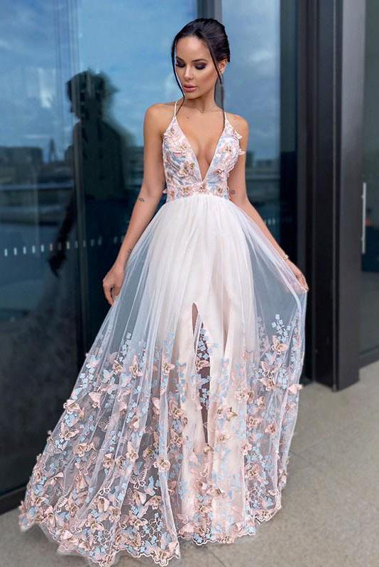 Belles robes de soirée longues à col en V profond et appliques en forme de A nv712
