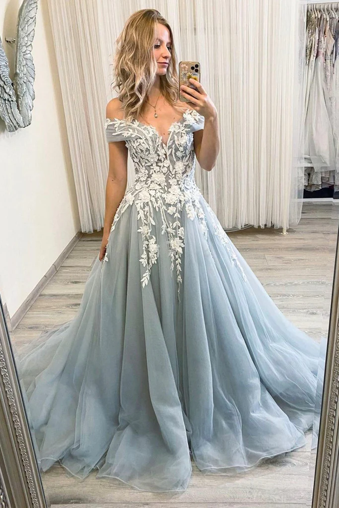 Off Shoulder Lace Gray Tulle Long Prom Dress, Grey Lace Formal Dress, Grey Evening Dress nv710