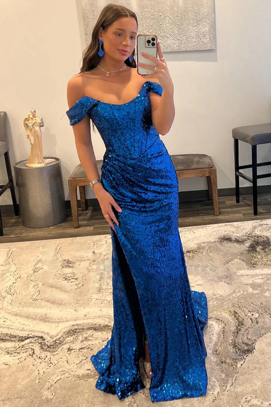 Blue Off Shoulder Mermaid Prom Dress with Slit nv669