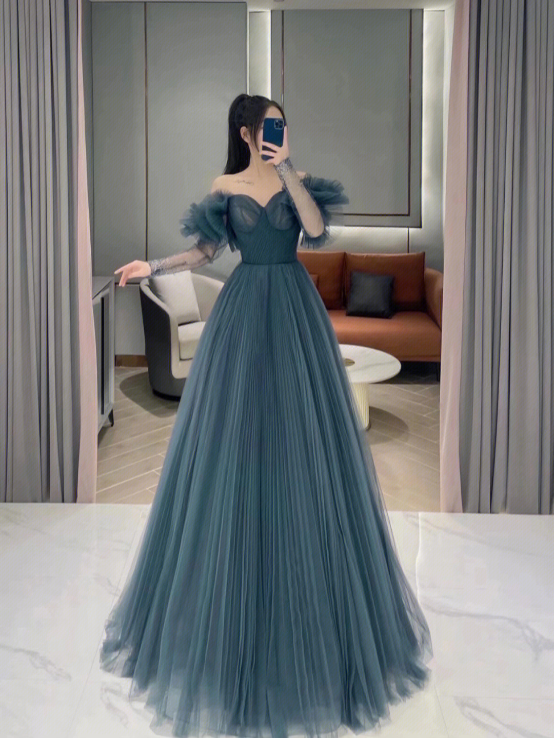 Robe de soirée trapèze longue en tulle bleu/rose nv594