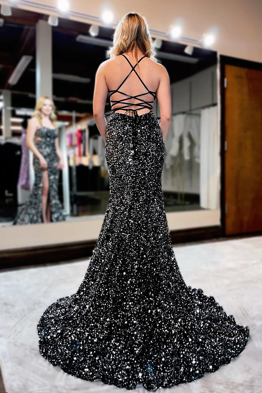 Sequins Lace-up Back Black Mermaid Prom Dress with Slit nv651