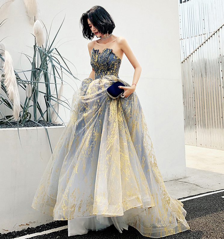 Blue elegant splash ink fashion design long tulle charming A-line ball gown evening dress nv587