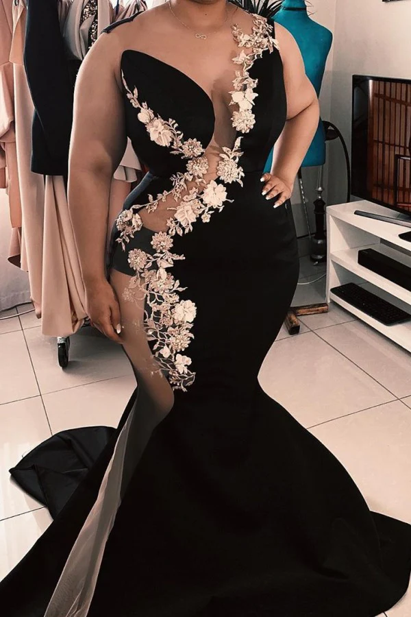 Black sleeveless jewel applique chic mermaid ball gown luxury elegant evening dress with train nv735