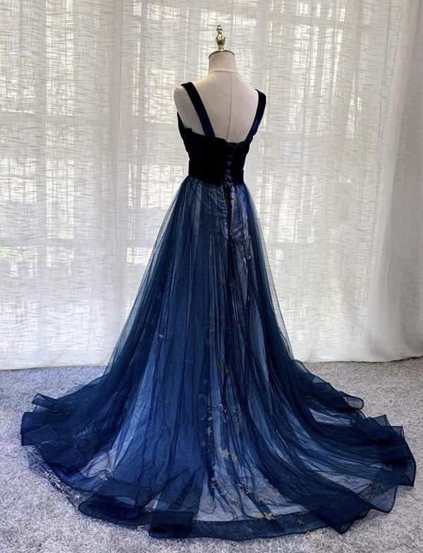 Blue velvet tulle long prom gown formal dress nv607