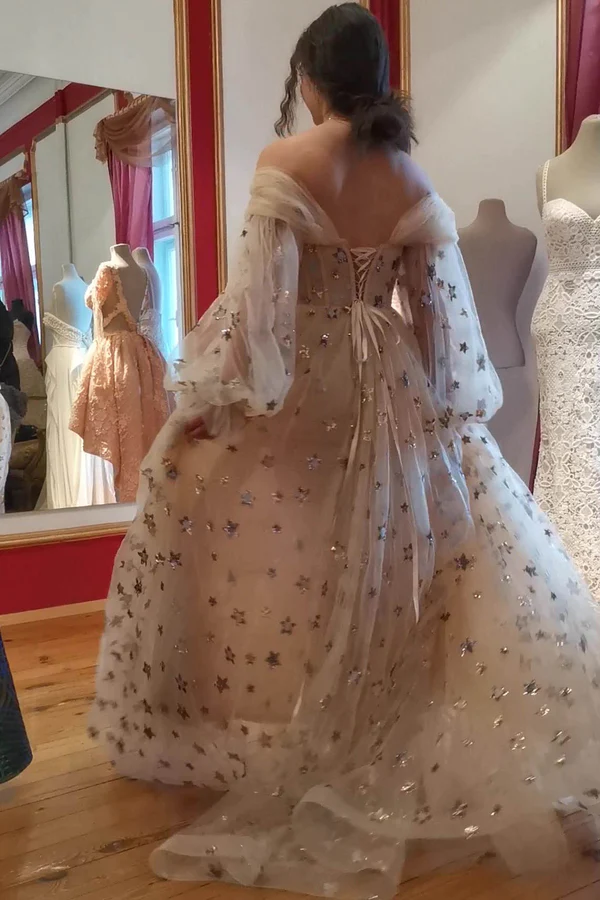 Robe de bal princesse en tulle étoilé, robe de soirée longue scintillante à épaules dénudées nv858