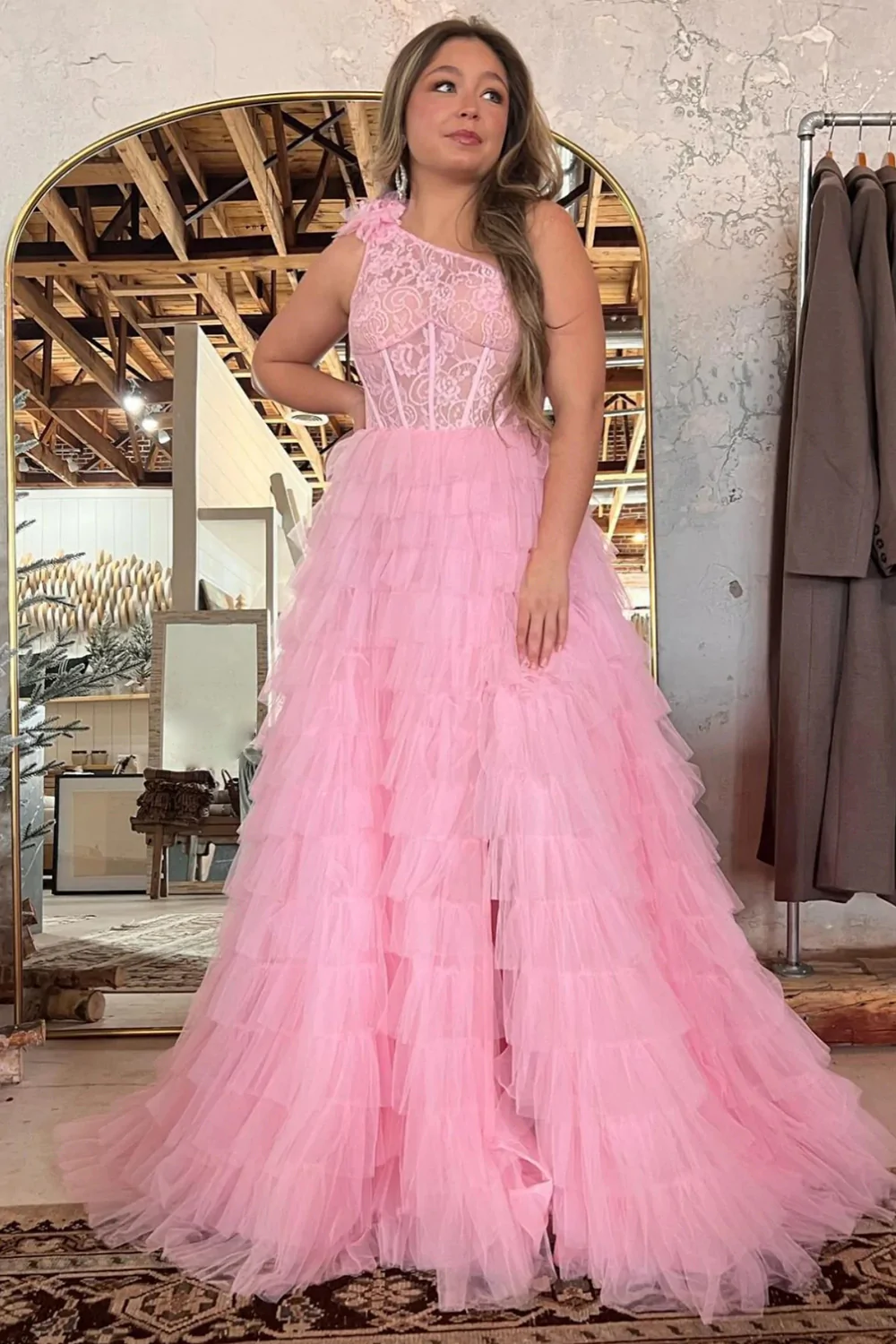 Black One Shoulder Corset Tiered Long Prom Dress with Ruffles nv665