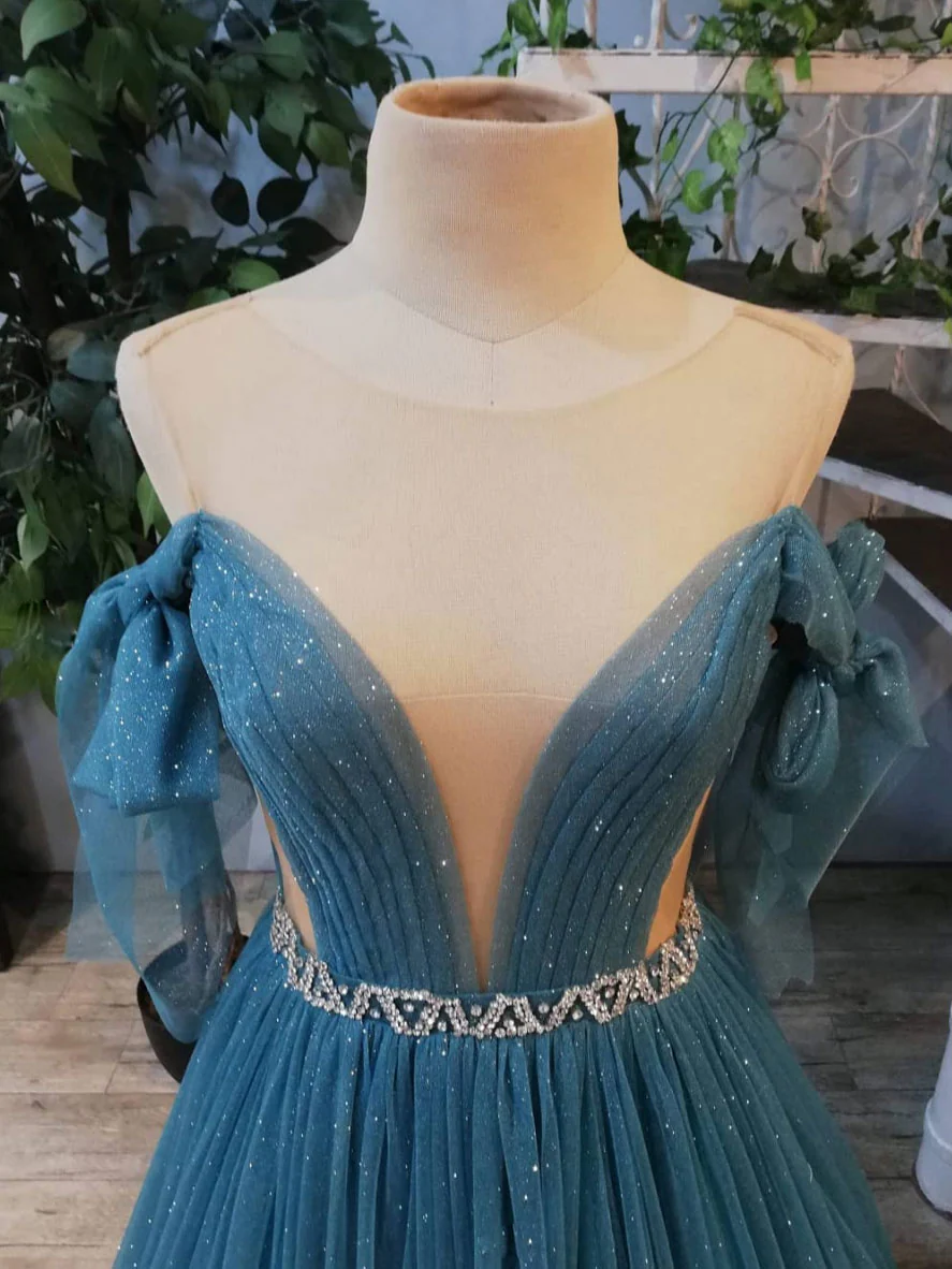 Green round neck tulle sequin long prom dress, green evening dress nv832