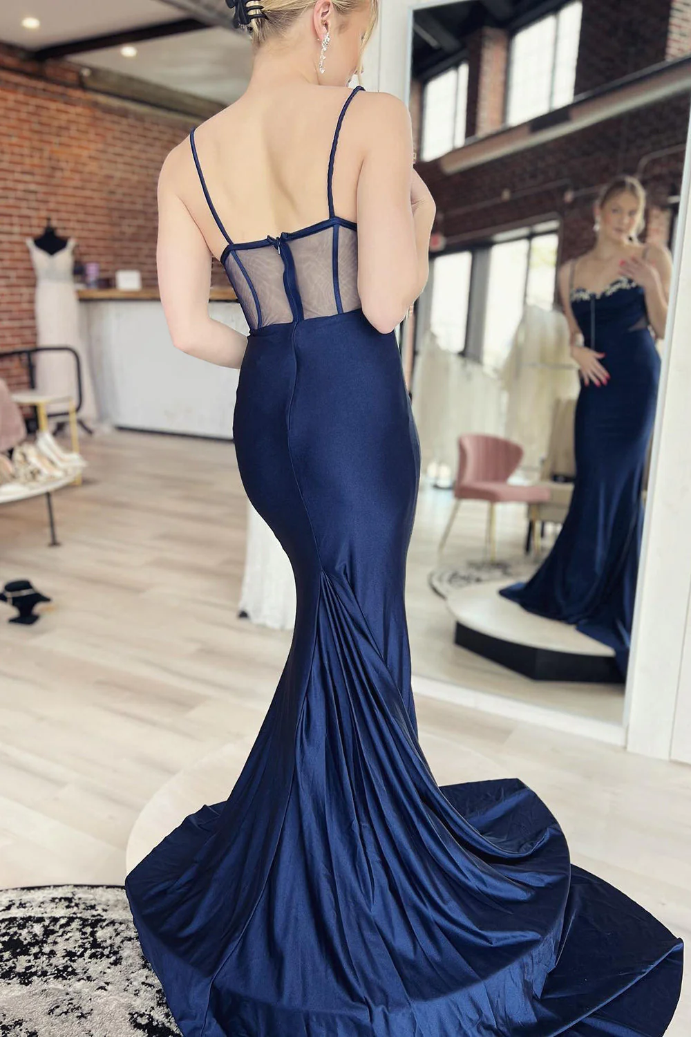Mermaid Spaghetti Straps Navy Long Prom Dress with Sweep Train nv675