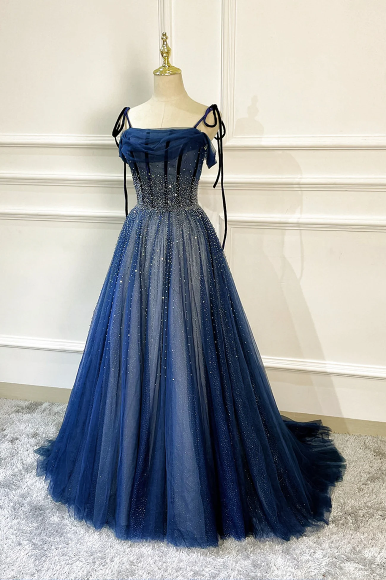 Blue Long Tulle Beaded Prom Dress, Blue Evening Party Dress nv606