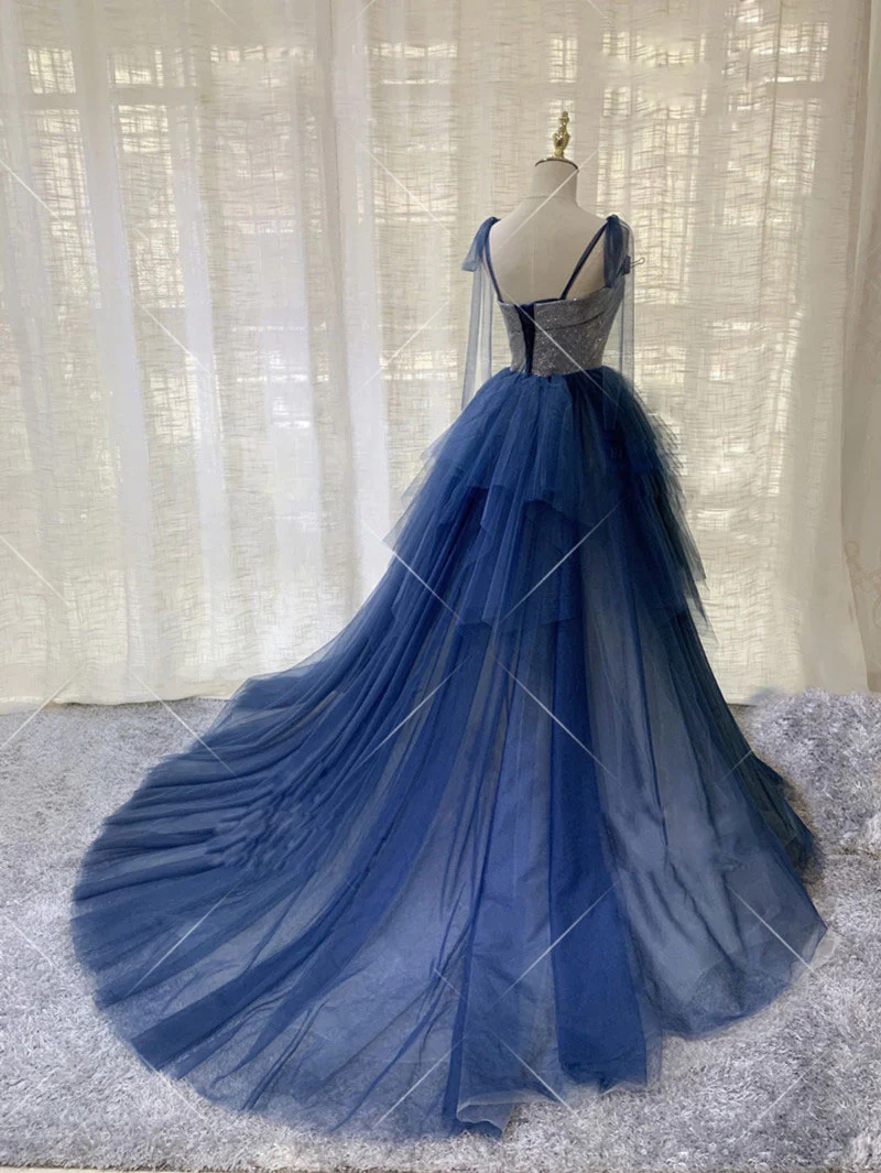 Robe de soirée longue en tulle à paillettes bleu brillant et unique nv611