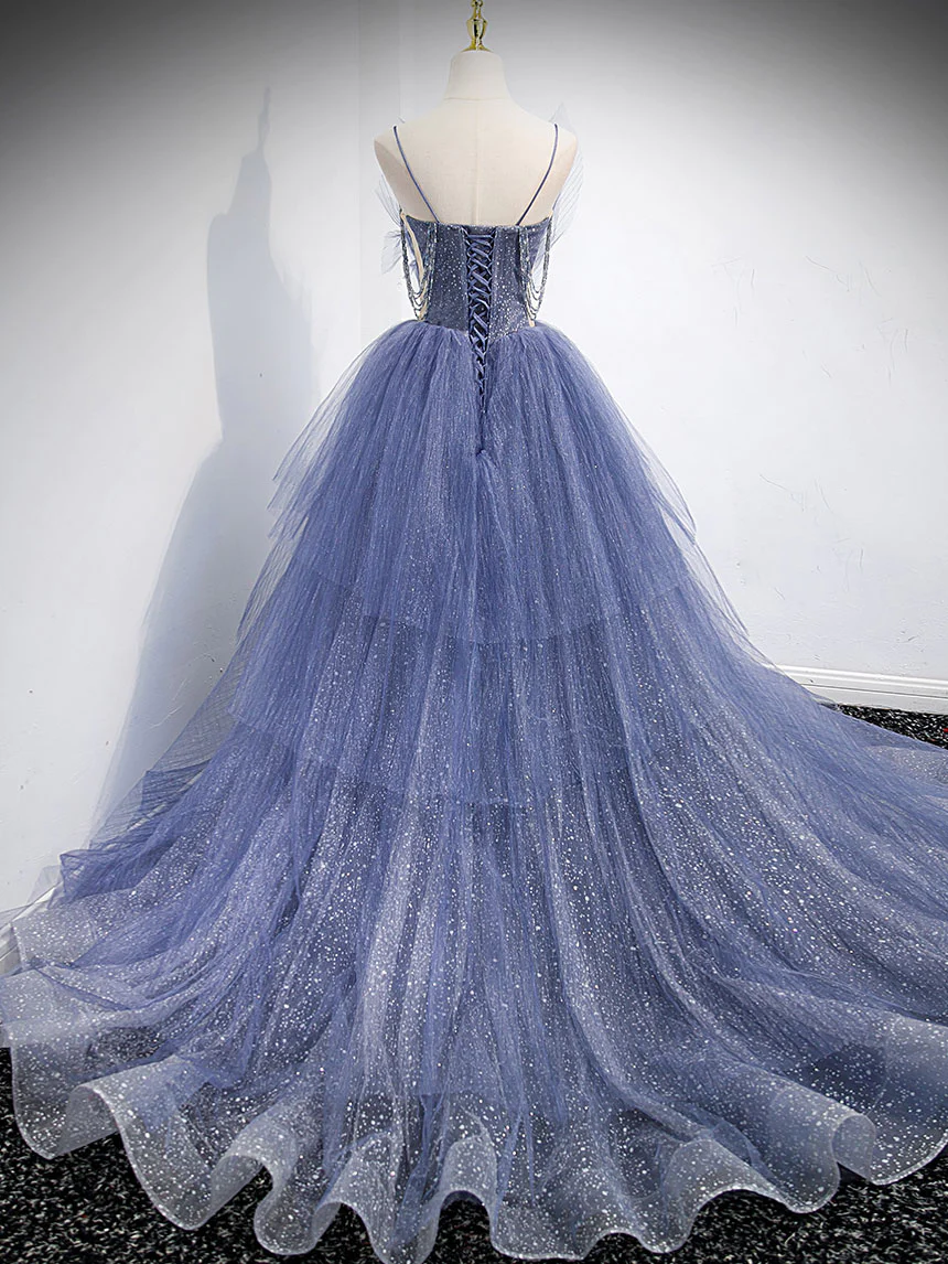 V Neck Tulle Sequin Long Prom Dress, Blue Tulle Formal Dress nv865