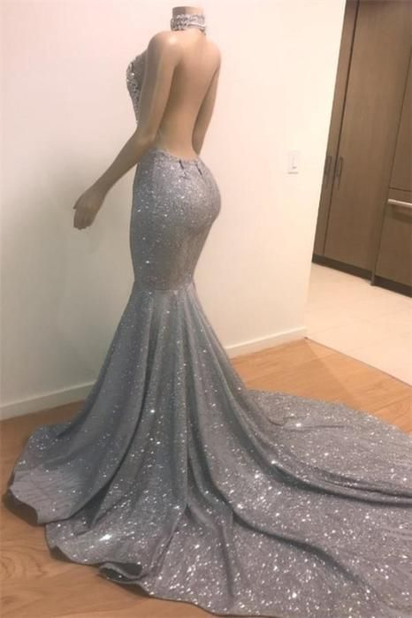 Robe de bal longue sirène à paillettes bleues et dos nu avec perles en cristal nv845