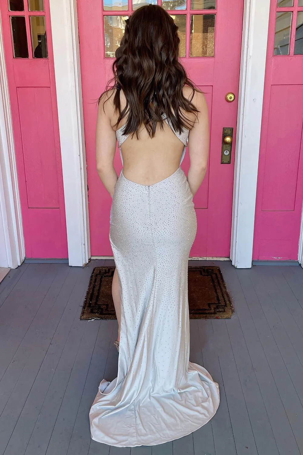 Sheath High Neck White Sequins Long Prom Dress with Split Front nv693