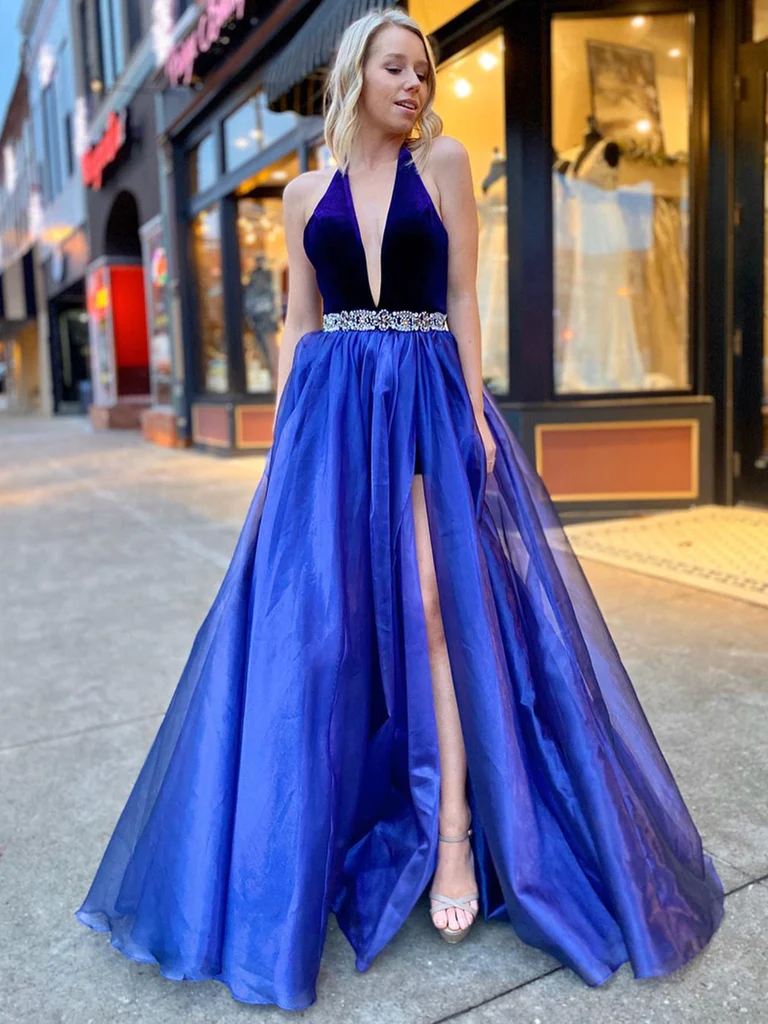 V Neck Backless Blue Prom Dresses, Open Back Blue V Neck Formal Evening Dresses nv707