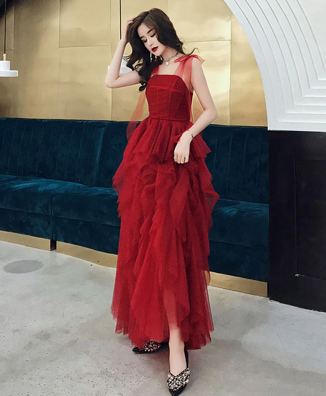 Burgundy Sweetheart Tulle Long Prom Dress, Burgundy Evening Dress nv582