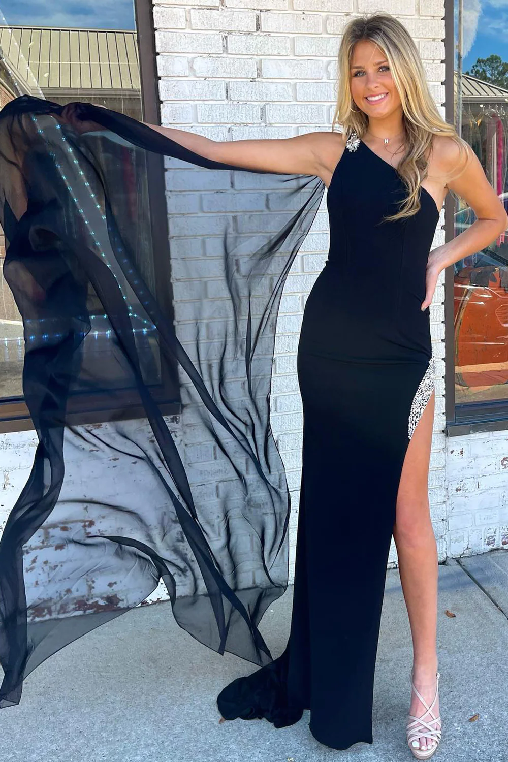 Mermaid One Shoulder Black Long Prom Dress with Split Front nv692
