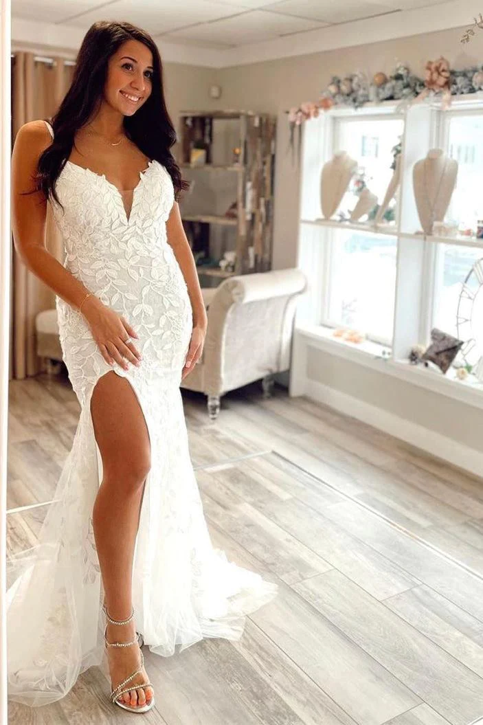 Robe longue de soirée sirène blanche avec appliques nv752