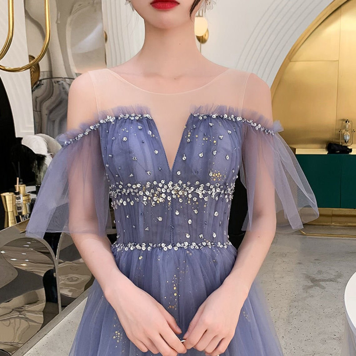 Robe à paillettes bleues | Robe en tulle bleu pailleté | Robe de demoiselle d'honneur | Robe de soirée nv592
