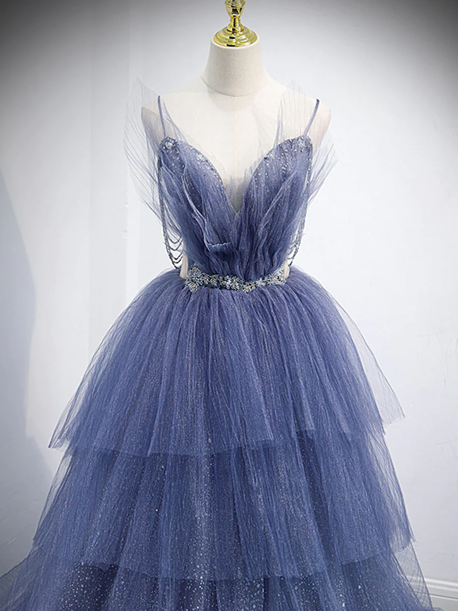 V Neck Tulle Sequin Long Prom Dress, Blue Tulle Formal Dress nv865