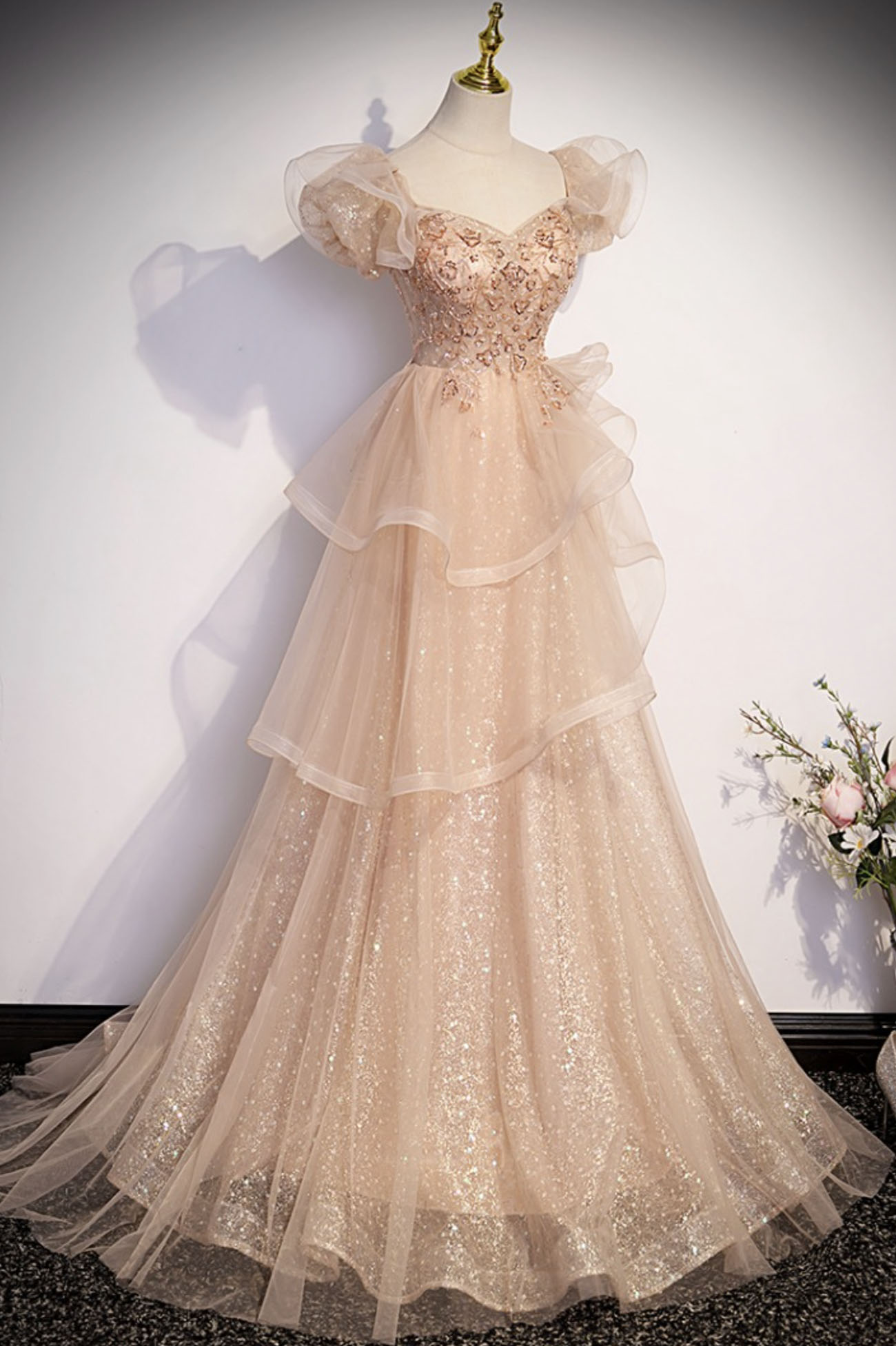 CUTE TULLE LONG A-LINE PROM DRESS WITH BEADING nv602