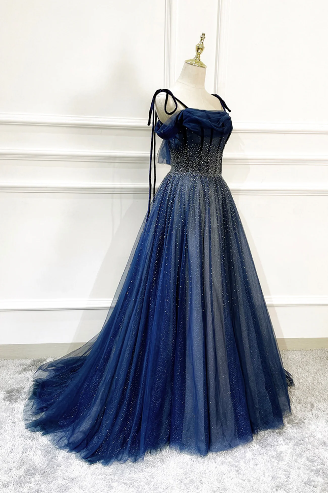 Blue Long Tulle Beaded Prom Dress, Blue Evening Party Dress nv606