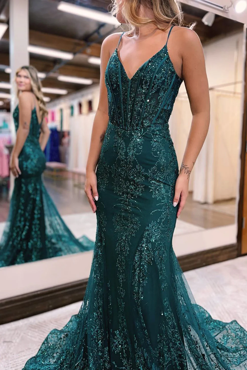 Sparkly Dark Green Mermaid Sequin Long Prom Dress nv670
