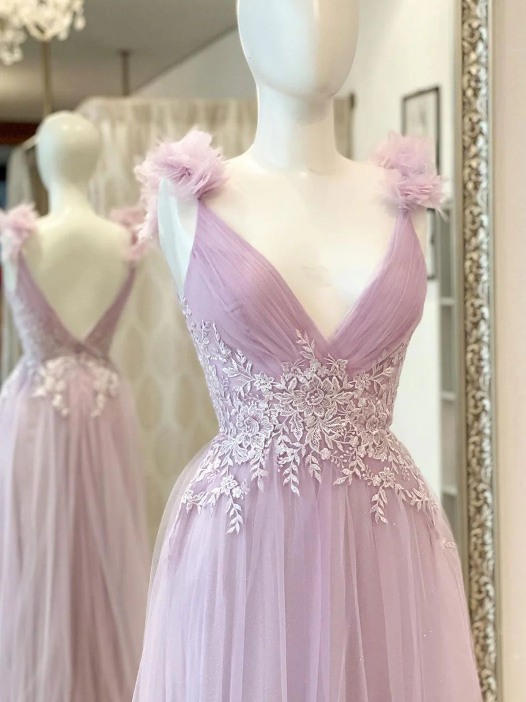 Robe de bal longue rose à col en V Aline, robe de remise de diplôme longue et formelle en dentelle rose nv834