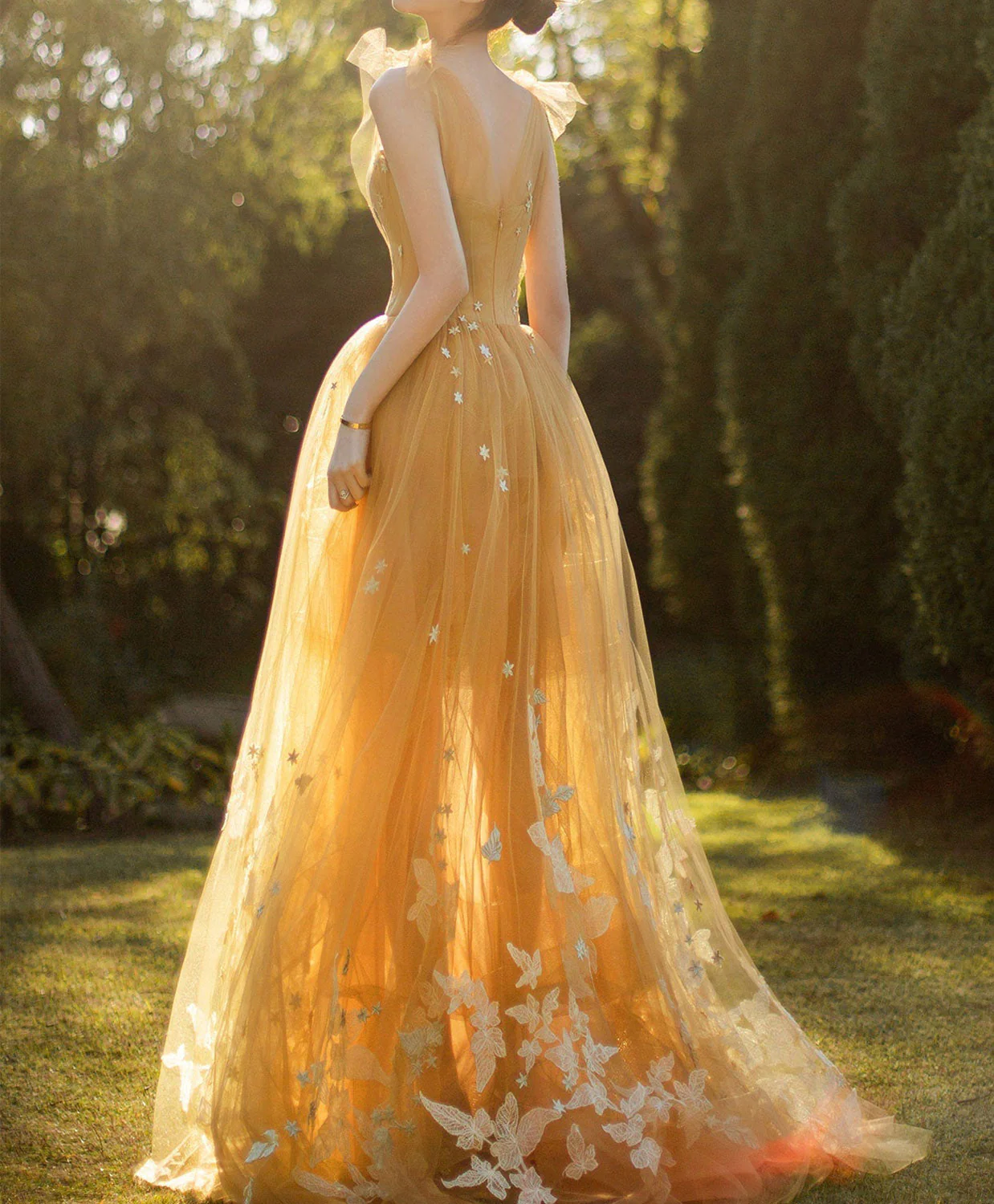 Champagne Tulle Lace Long Prom Dress, Tulle Lace Evening Dress nv859