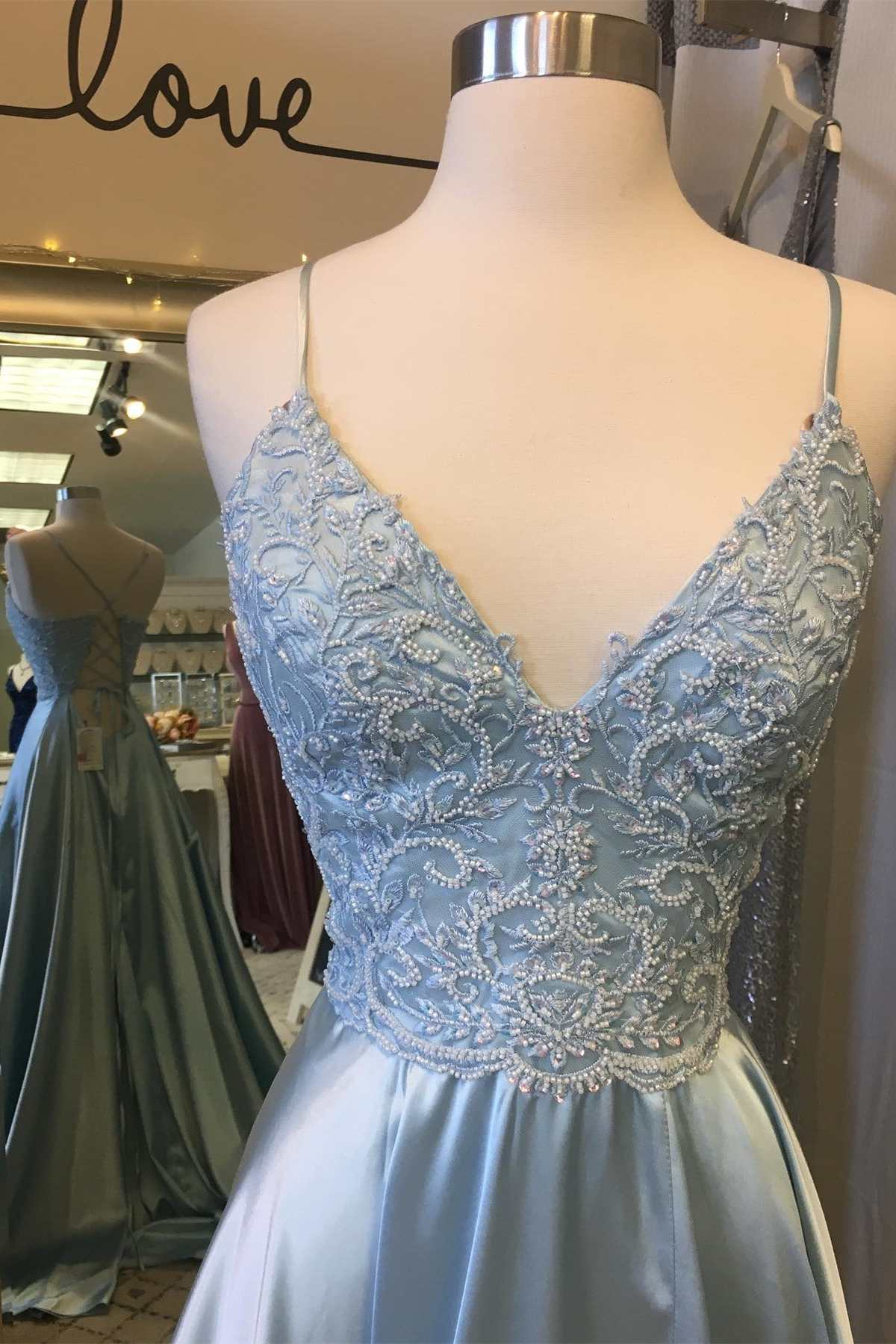 Light Blue Lace Lace-Up Back A-Line Prom Dress with Slit nv830