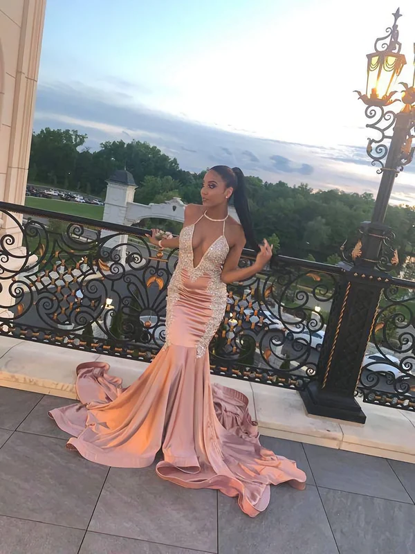 Robe de bal longue sirène à col en V et ligne A avec traîne et appliques nv873