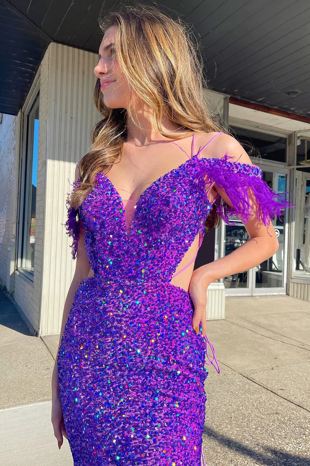 Mermaid Off the Shoulder Purple Sequins Cut Out Prom Dress with Feathers nv677