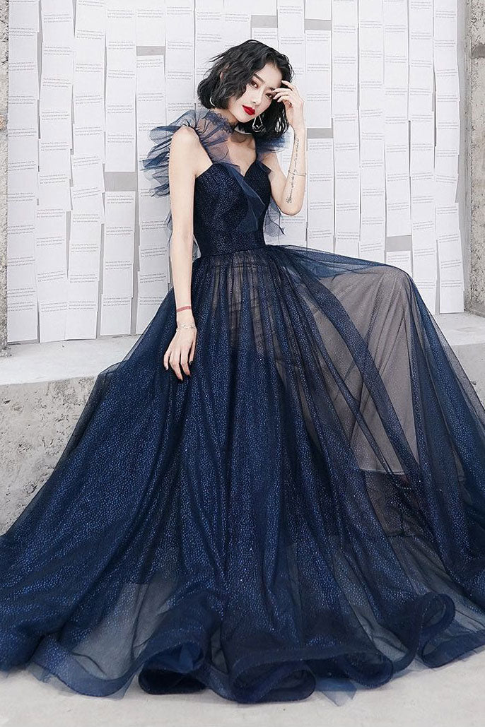 Dark blue sweetheart tulle long prom dress blue tulle formal dress nv615