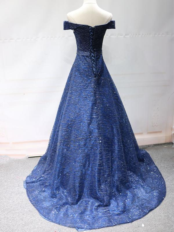 Shiny Off the Shoulder Navy Blue Long Prom Dresses, Off Shoulder Blue Formal Evening Dresses nv608