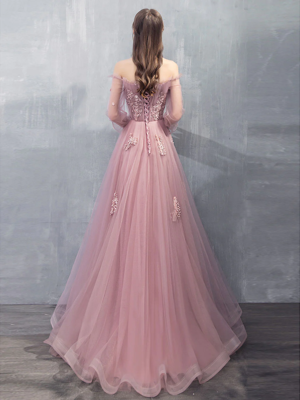 Pink A-line Tulle Lace Long Prom Dress Pink Lace Evening Dress nv861