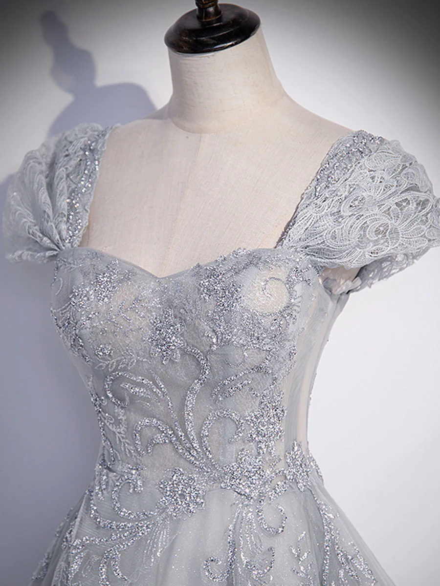 Gray tulle lace long prom dress, gray tulle lace long evening dress nv596