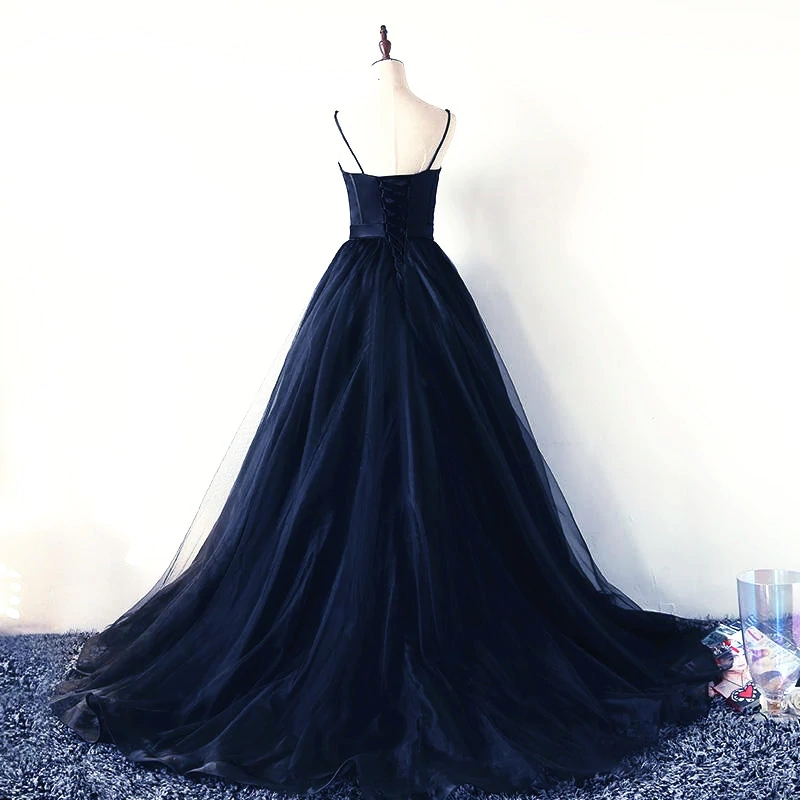 Charming Navy Blue Tulle and Satin Straps Long Party Dress, Navy Blue Prom Dress nv609