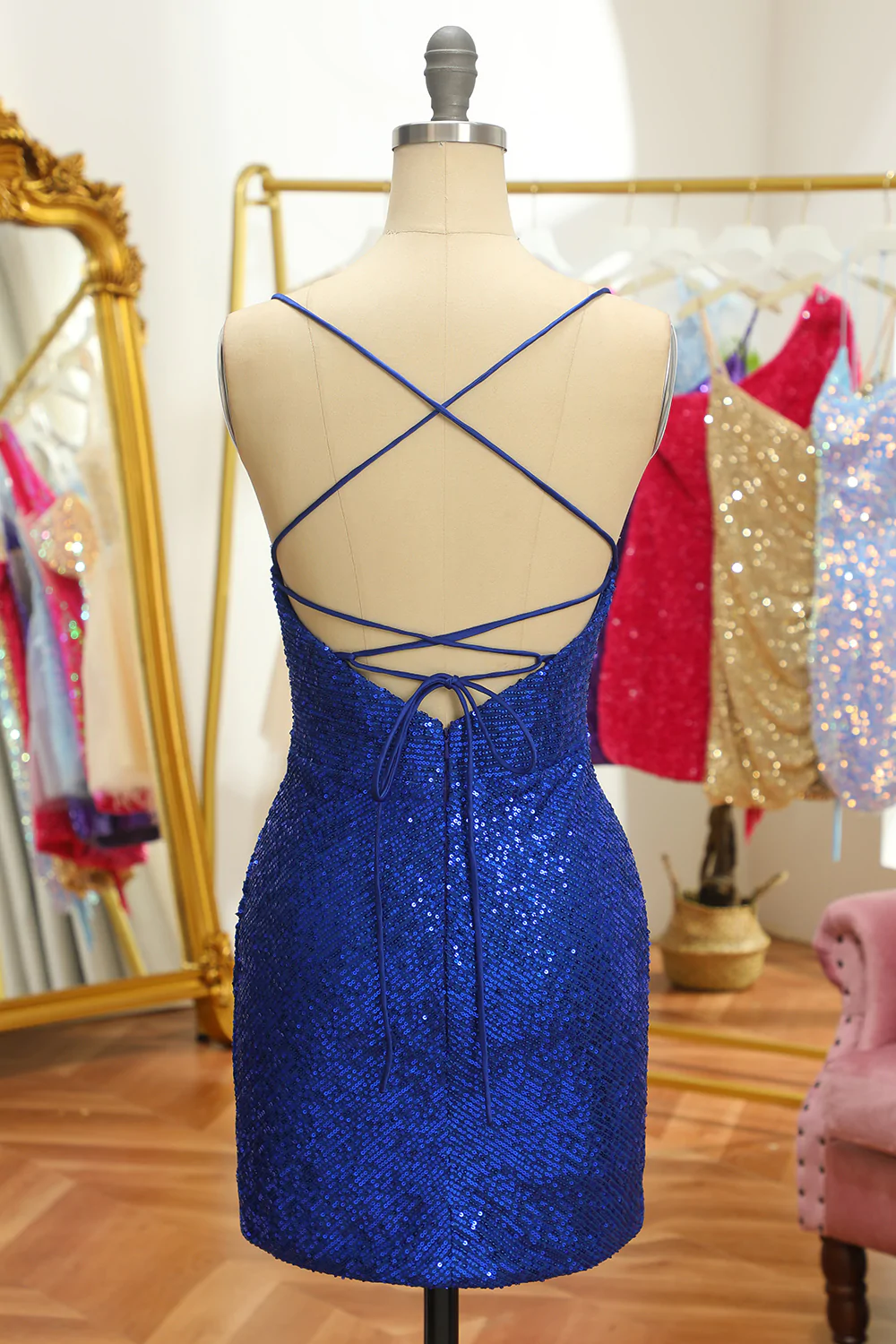 Blue Sequins Tight Backless Short Homecoming Dress nv628
