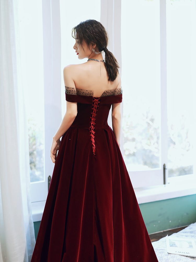 Burgundy elegant velvet off-shoulder long ball gown evening dress nv584