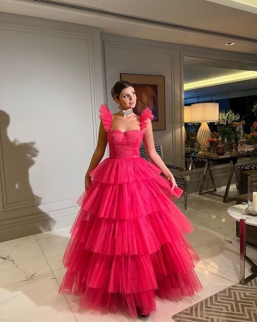 Robe de soirée longue en tulle rose nv779