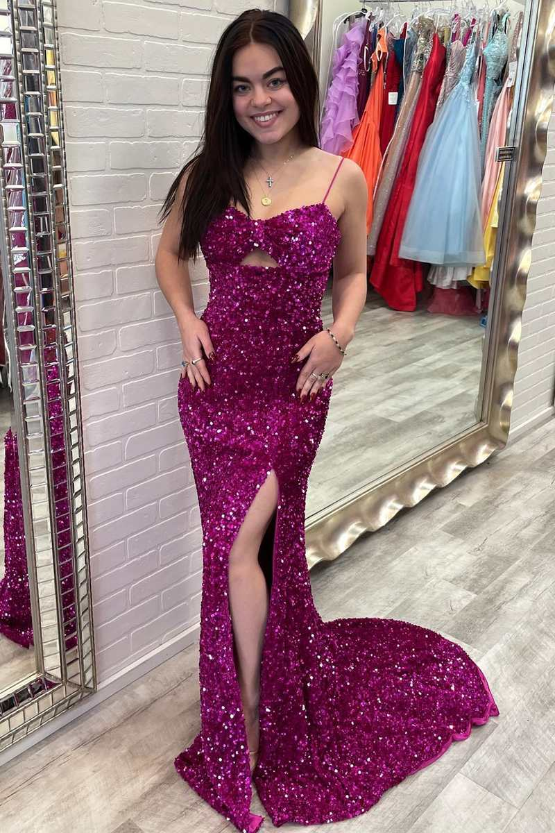 Robe de bal longue style sirène fuchsia à sequins et fente nv805