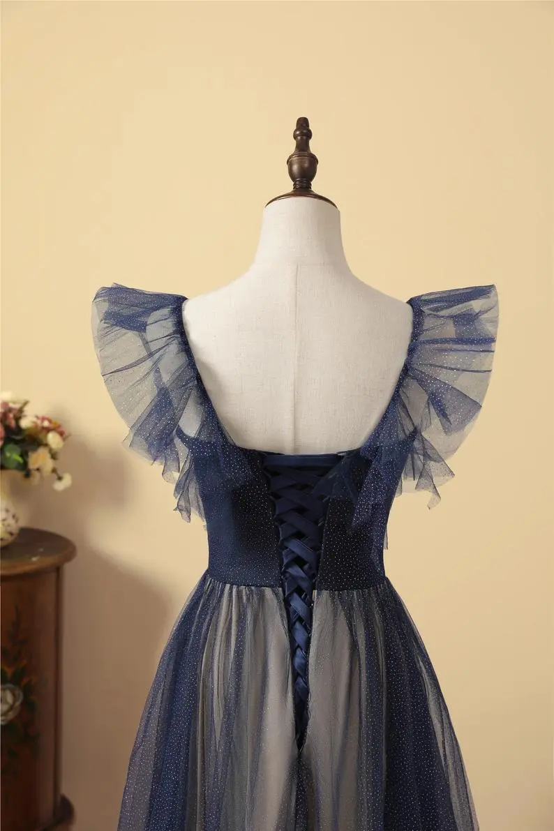 Navy Blue Sparkling Tulle A-Line Prom Dress nv612