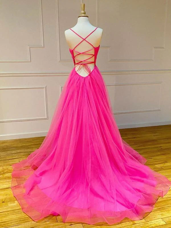 Robe de soirée longue rose vif à col en V et ligne A, robe de soirée formelle longue rose vif à col en V nv778